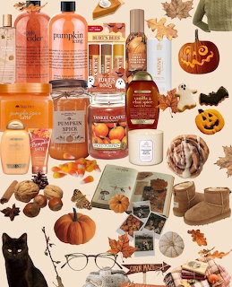 Autumn aesthetic collage with pumpkins, fall leaves, candles, cozy sweaters, boots, and a black cat