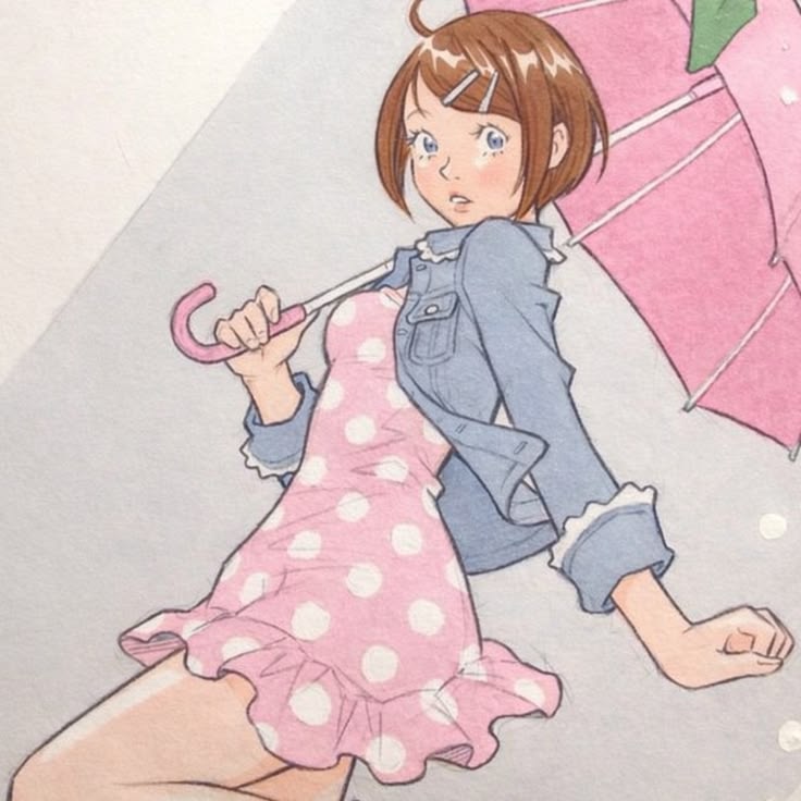 Anime-style girl in a pink polka dot dress holding a pink umbrella