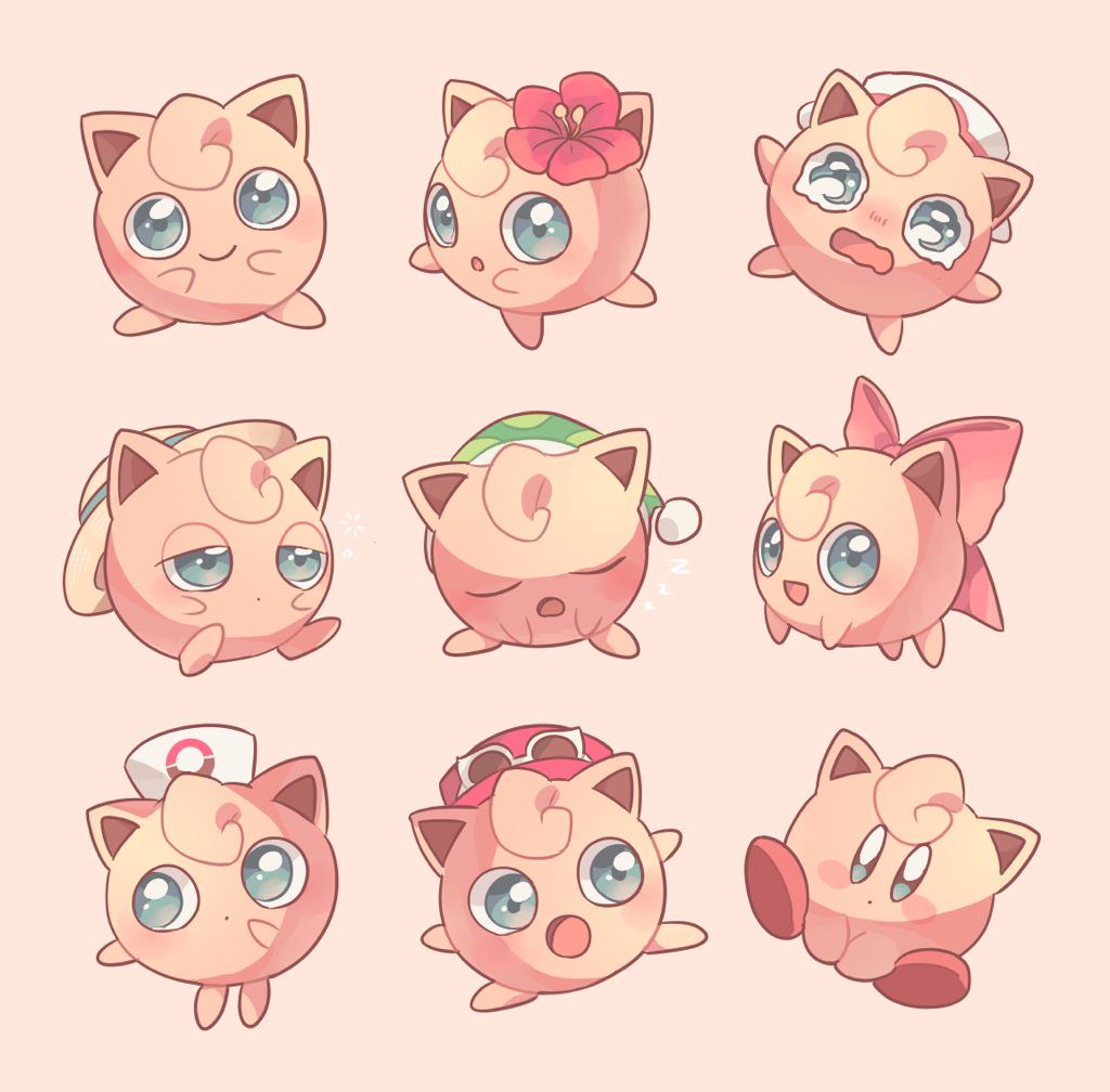 Nine cartoon Jigglypuff Pokemon characters with big blue eyes in different poses on pink background