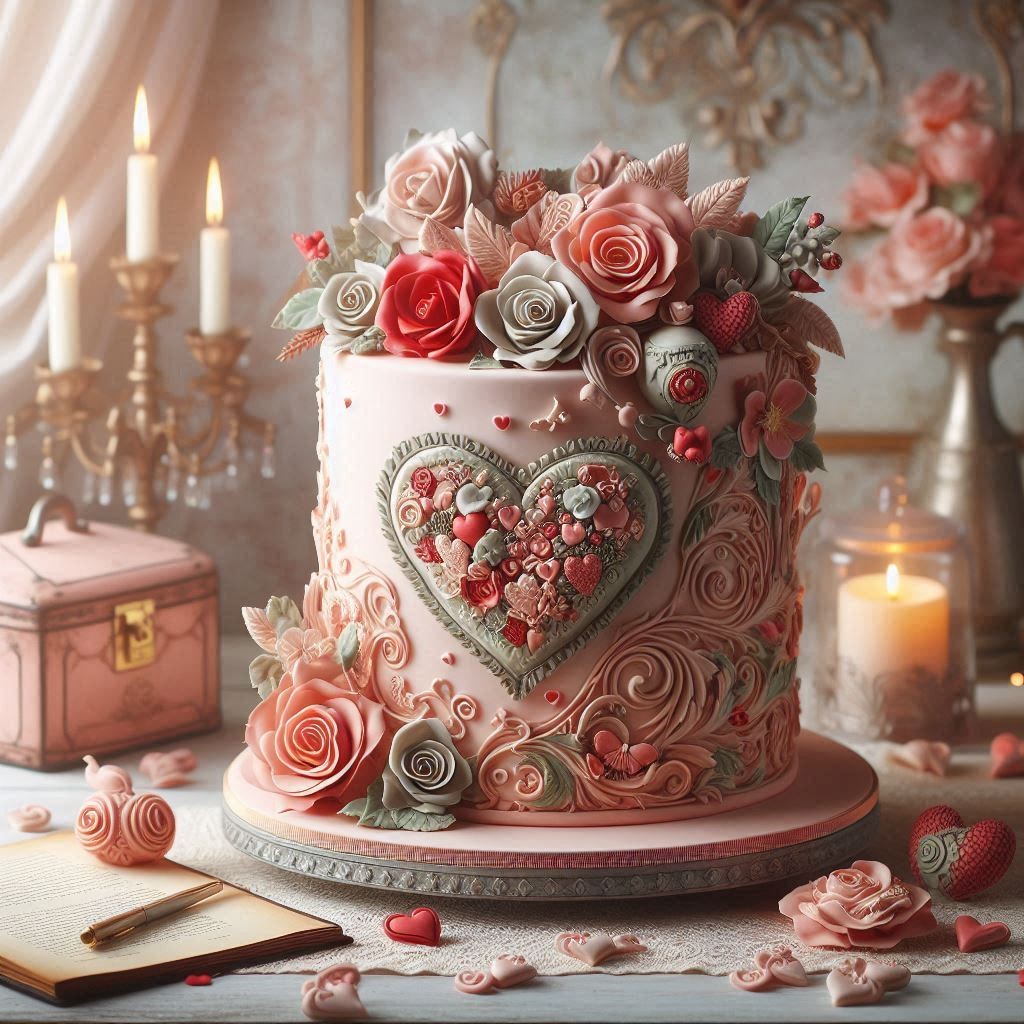 Ornate Valentine's cake with pink roses, red heart decoration, and romantic candle setting