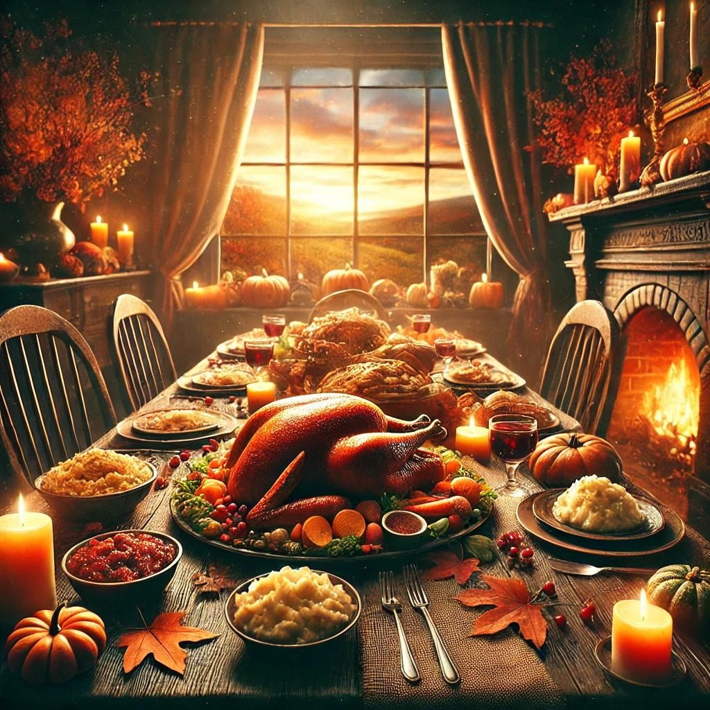 Cozy dining room with Thanksgiving dinner spread, turkey centerpiece, candles, autumn leaves, fireplace, and sunset window