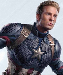 Chris Evans as Captain America in blue and bronze suit with star on chest