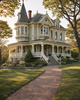 Cream Victorian mansion with turret, wraparound porch, and brick path through lawn framed by autumn trees