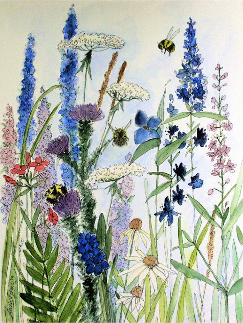 Watercolor painting of wildflowers including thistles, delphiniums, and daisies with bumblebees flying above