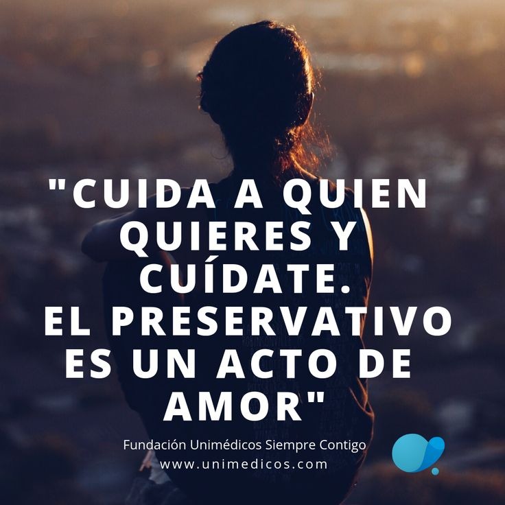 Silhouette of a woman at sunset with a Spanish self-care and condom use quote in white text
