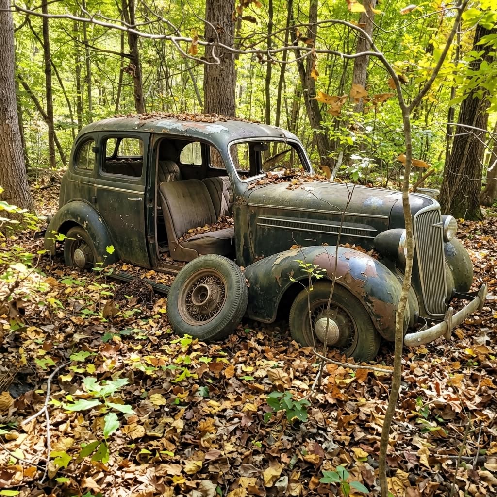 Abandoned vintage car rusting in a forest covered with fallen autumn leaves