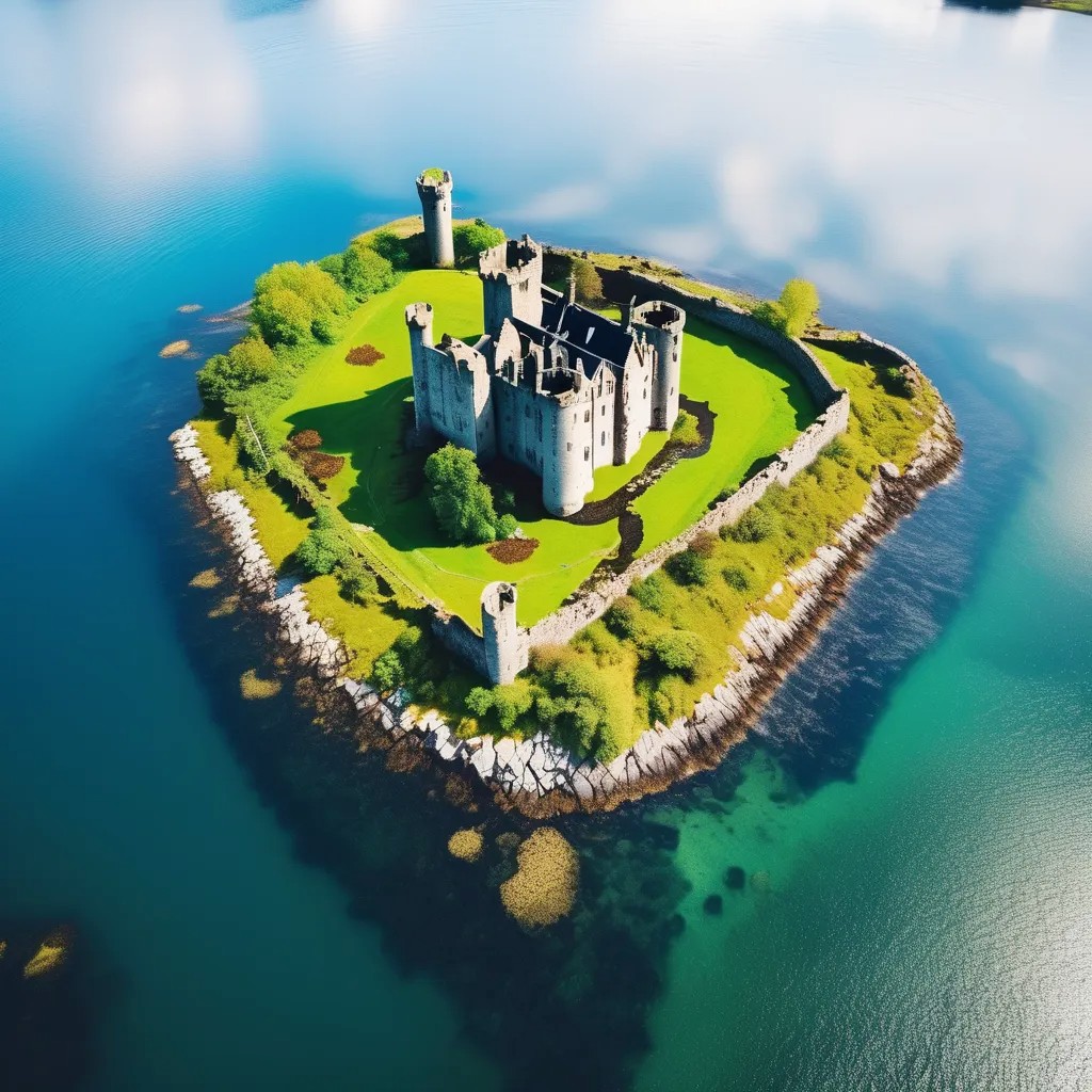 Aerial view of ruined castle on small island with lighthouse surrounded by blue-green water