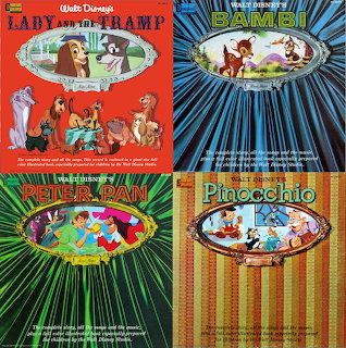 Four vintage Disney record album covers arranged in a grid showing classic animated characters