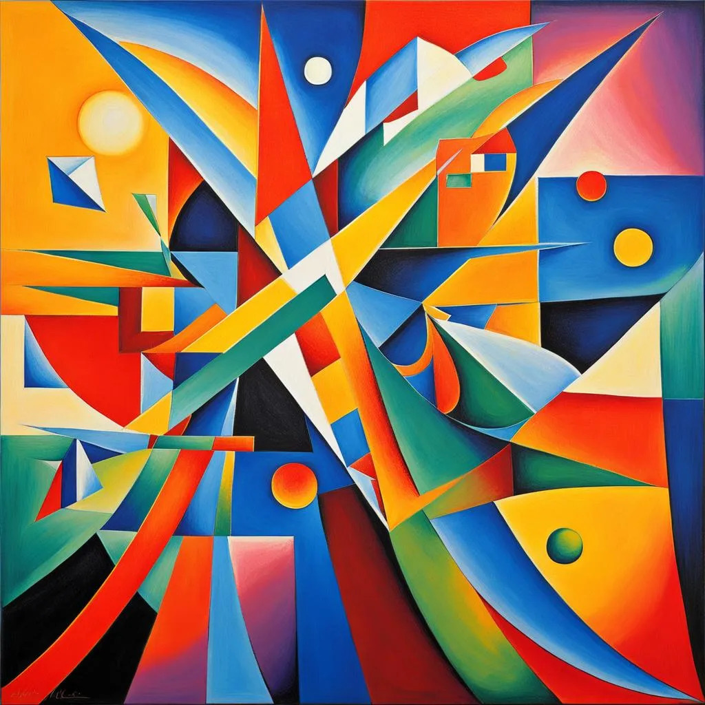 Colorful abstract painting with geometric forms and curved shapes in bright primary colors