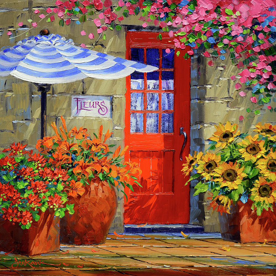 Painting of a red door with colorful flower pots, sunflowers, and a blue striped umbrella