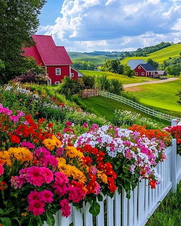 Red-roofed farmhouse with colorful flower garden, white picket fence, and green rolling hills