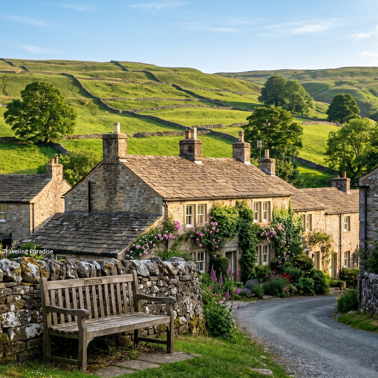 Stone cottages beside a winding lane in green Yorkshire hills with a bench and stone walls