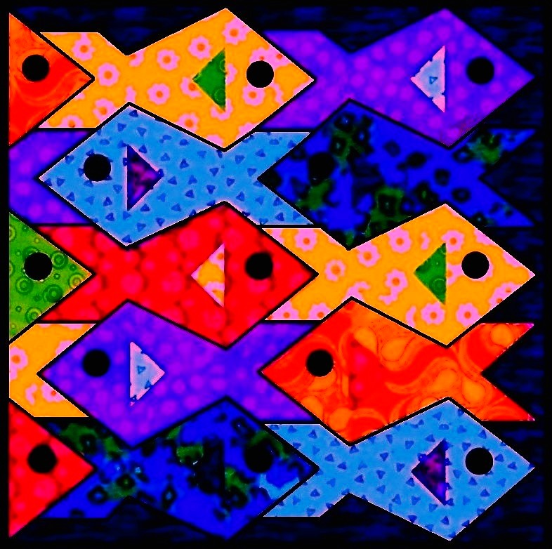 Colorful interlocking fish in geometric pattern with circles and triangles on black background