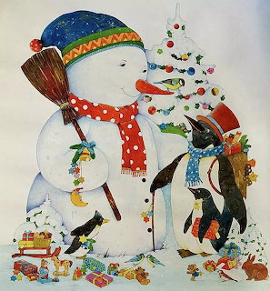 Illustration of a snowman and penguin beside a decorated Christmas tree and presents