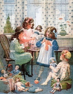 Vintage Girls Knitting Illustration