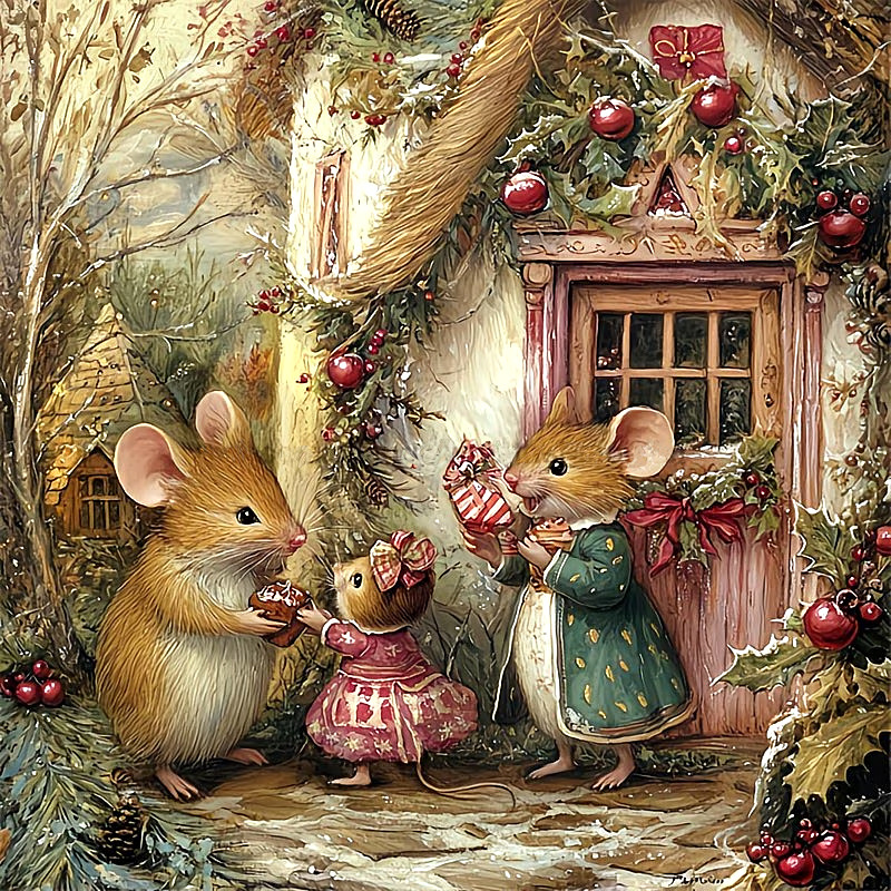 Illustrated mice family in Christmas outfits at decorated cottage entrance with holiday wreaths and ornaments