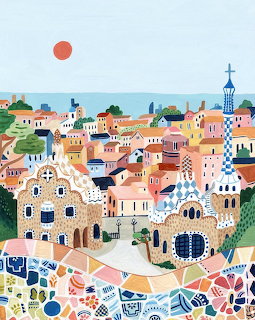 Colorful illustration of Park Güell in Barcelona with mosaic terraces and cityscape
