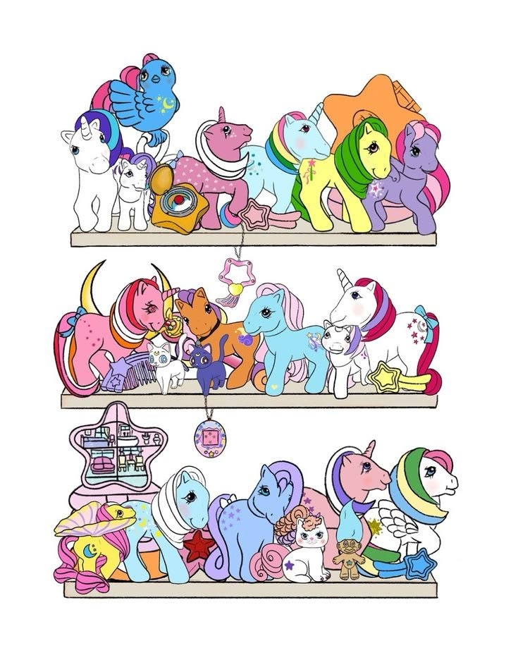 Illustration of three shelves with colorful pony toy figures and small animal characters