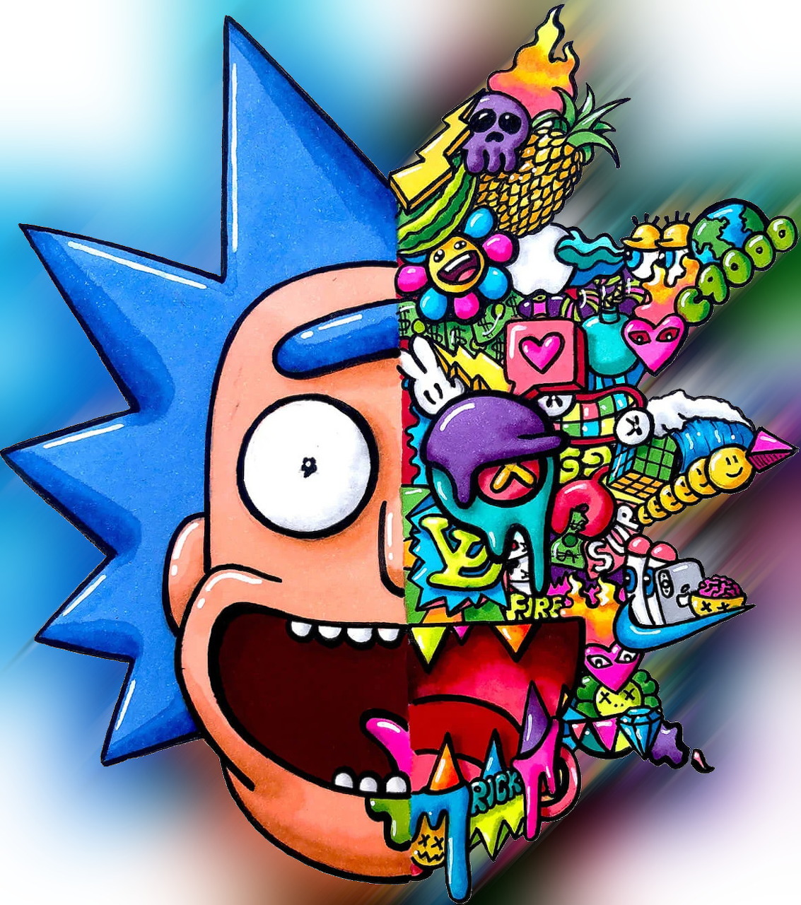 Rick from Rick and Morty with colorful doodle art explosion of cartoon icons and shapes