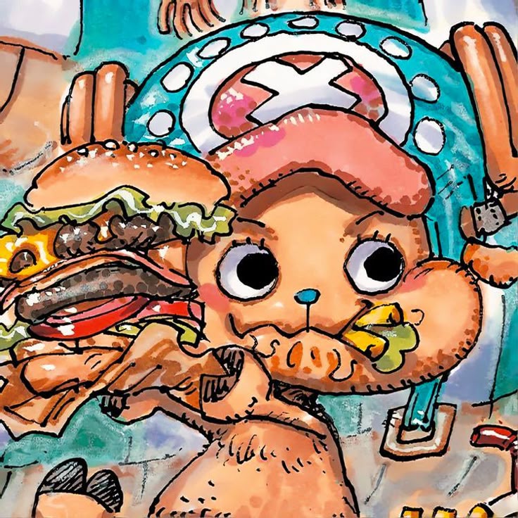 Cute anime reindeer character with big eyes and pink hat holding burger and food items