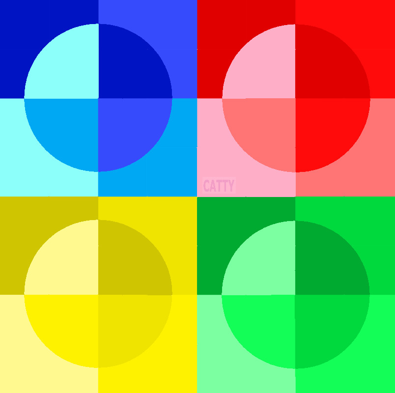 Four-panel geometric art with color blocks and circles in blue, red, yellow, green with complementary shades