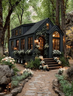Dark cottage with lit windows surrounded by trees and garden at twilight