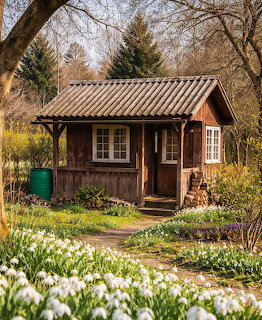 Wooden garden shed surrounded by white snowdrops and spring greenery in a peaceful garden