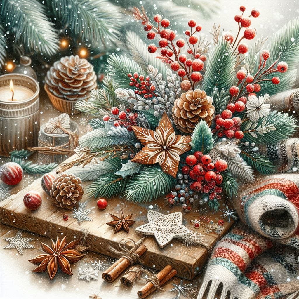 Christmas decoration with evergreen branches, red berries, pine cones, spices and cookies