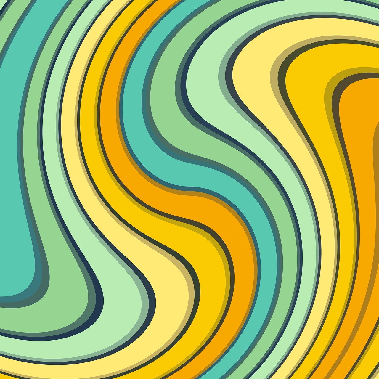 Abstract swirling pattern with curved turquoise, yellow, and orange stripes flowing in retro style