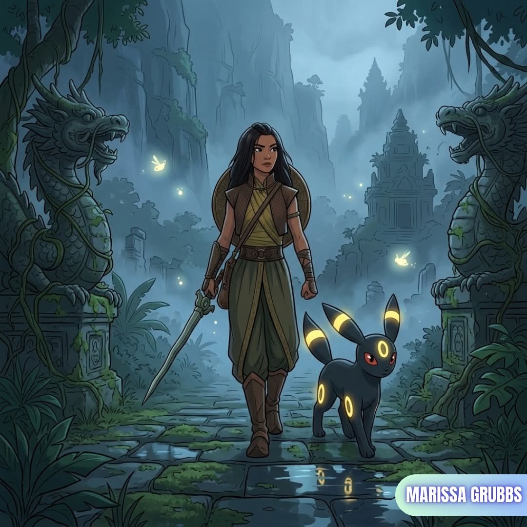 Female warrior in robes with sword and black cat walking through misty fantasy temple with dragon statues