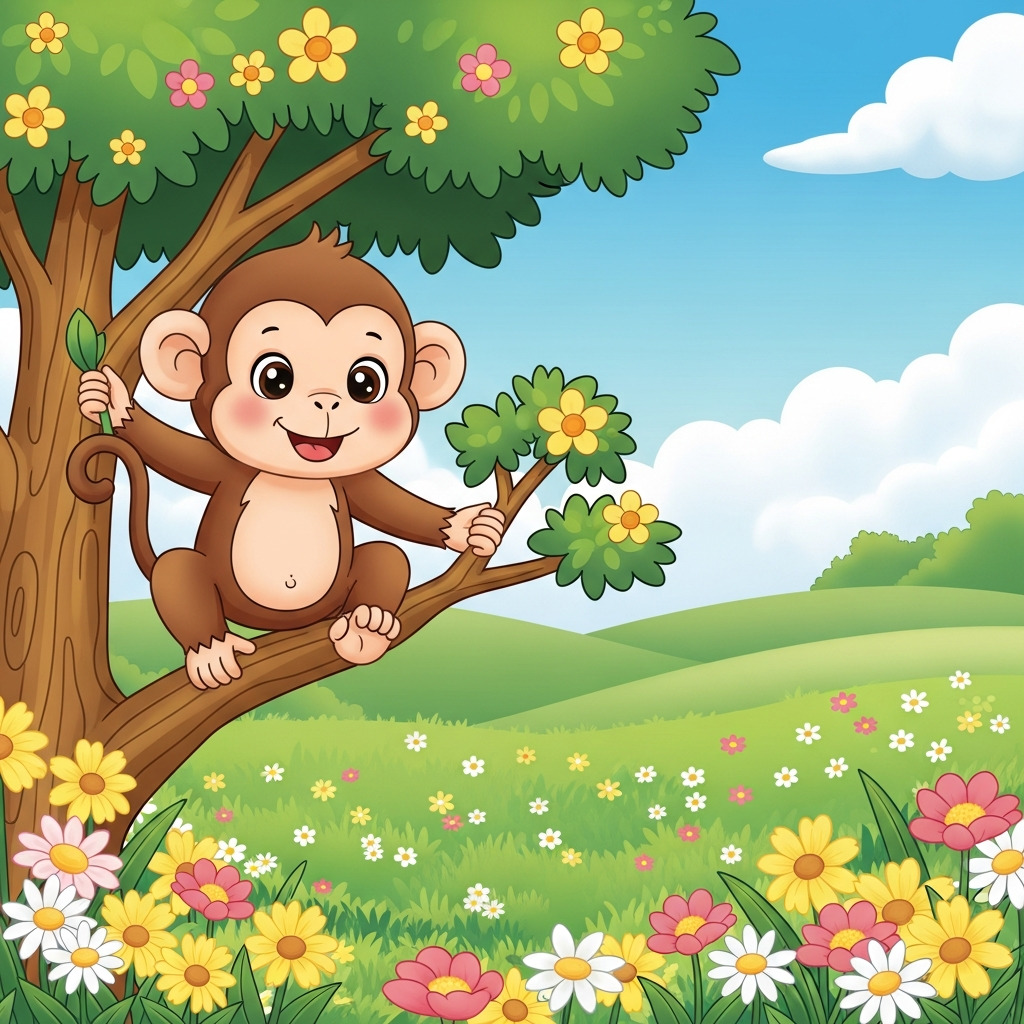 Cartoon monkey smiling on a tree branch above a flower meadow