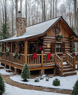 Rustic log cabin with Christmas decorations, stone chimney, and snow-covered porch in a winter forest