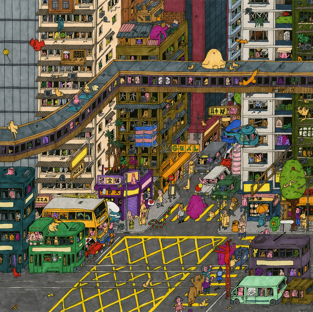 Colorful illustrated bird's-eye view of crowded city street crossing with people, cars, and buildings