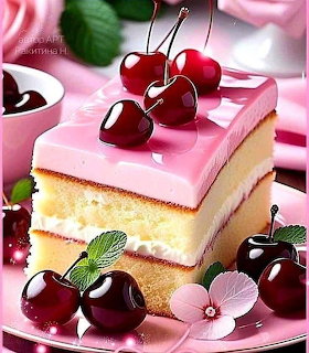 Square slice of pink-glazed layered cake decorated with dark red cherries and pink flowers on a pink surface