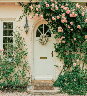 Mint green cottage door surrounded by pink climbing roses and ivy with hanging lantern