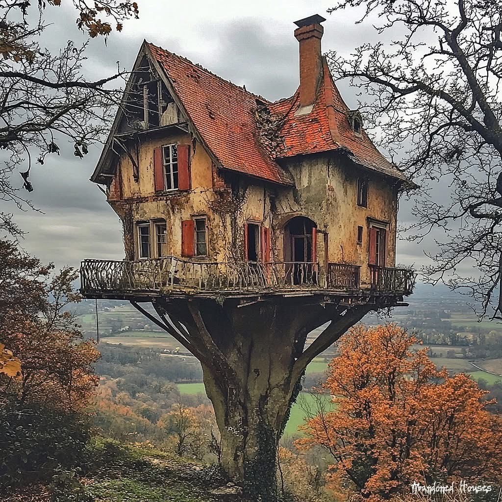 Fantasy cottage house built on top of a single tree trunk surrounded by autumn trees and cloudy sky