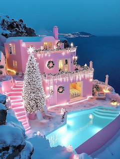 Pink multi-level villa with Christmas tree and lights at dusk by the sea