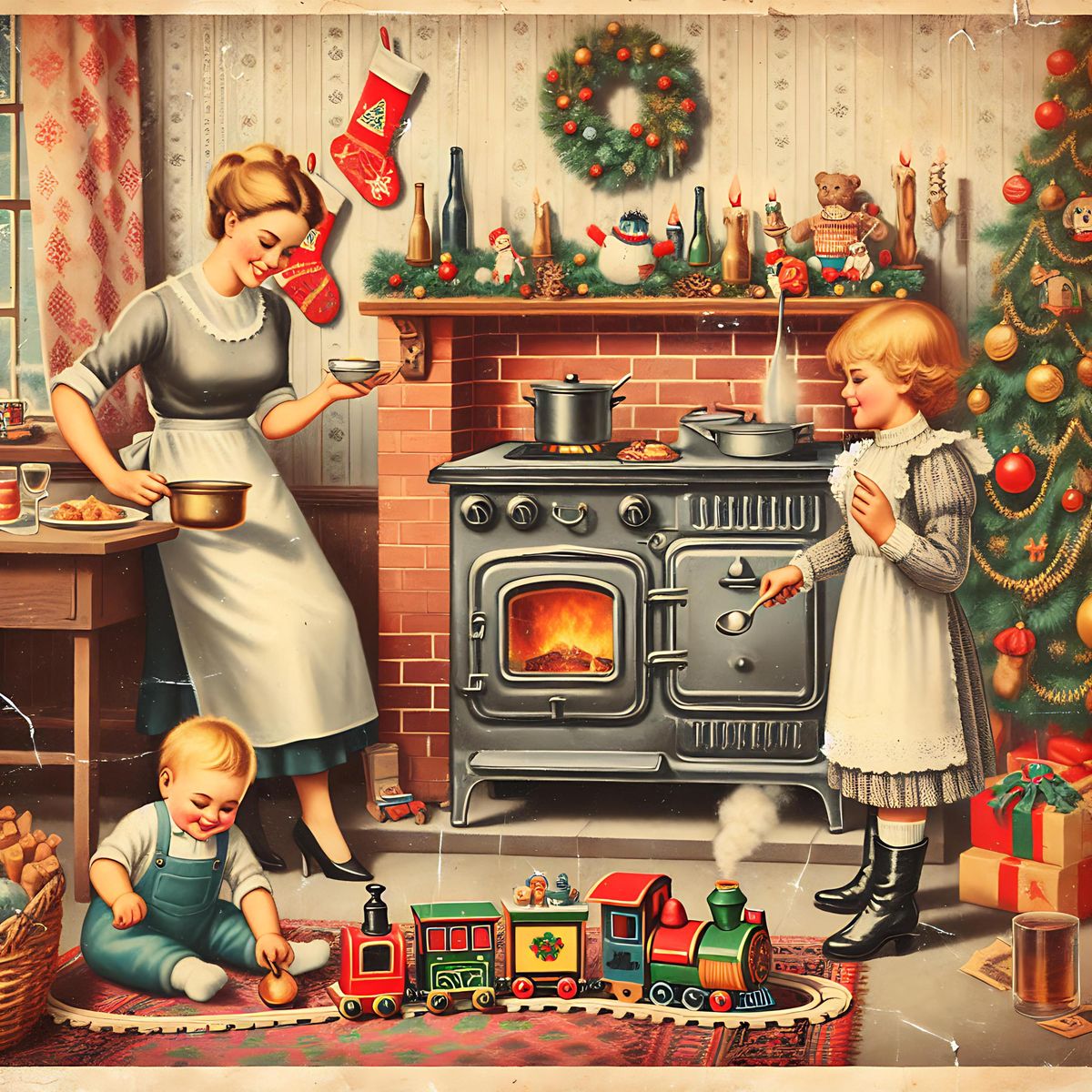 Retro Christmas kitchen with mother baking, children playing, decorated tree and vintage stove in cozy holiday setting
