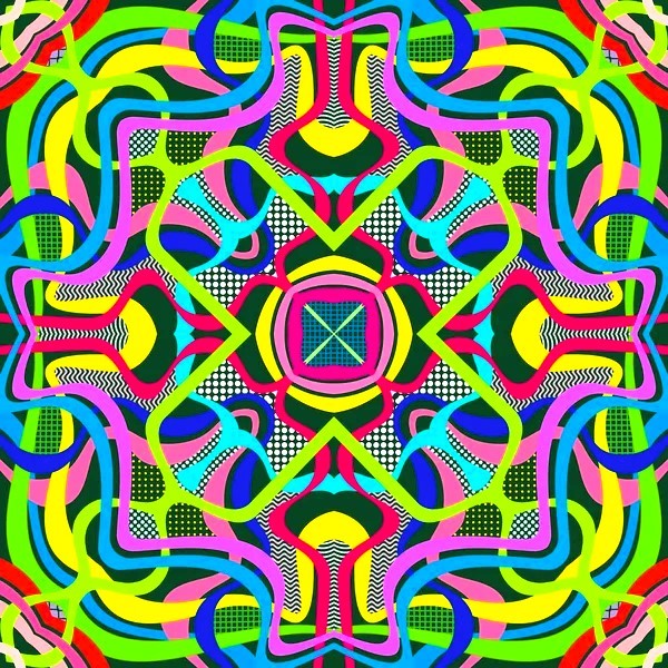 Colorful geometric mandala with neon rainbow symmetrical patterns and curved interlocking shapes on black background