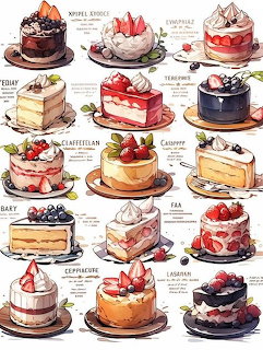 Grid of 15 watercolor illustrated desserts with fruit toppings and decorative labels