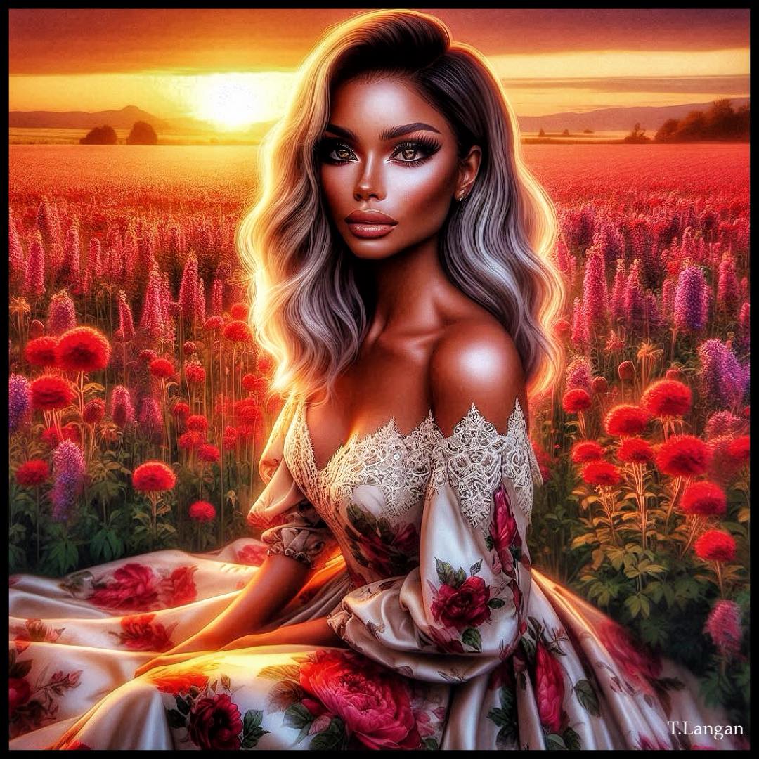 Woman with long wavy hair in white dress surrounded by red poppies at sunset