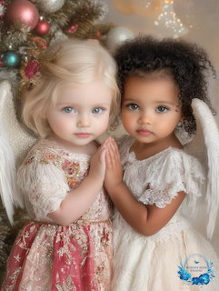 Two young girls in angel costumes posing beside a decorated Christmas tree