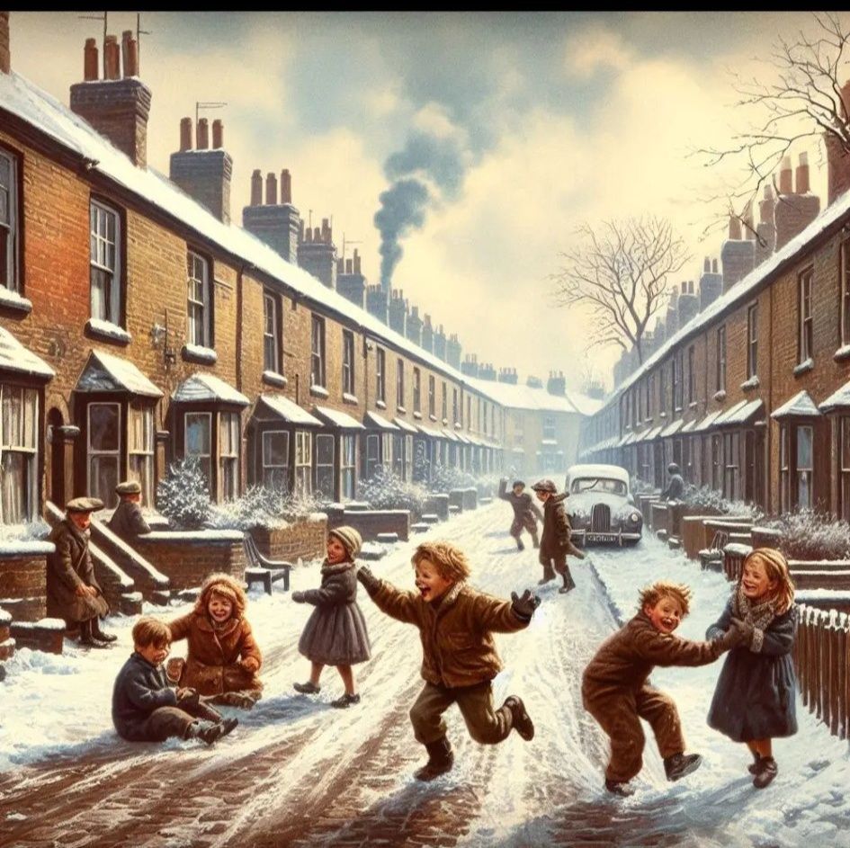 Children playing in a snowy street between rows of brick houses in a vintage-style winter scene