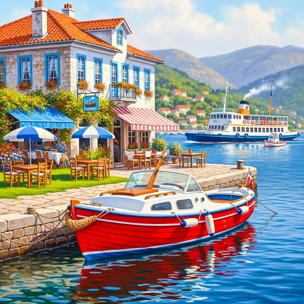 Colorful lakeside cafe with boats docked at pier, white buildings with orange roofs, mountain backdrop