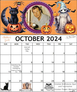 October 2024 Halloween calendar with black cat, jack-o-lanterns, ghost, and a circular photo of a man