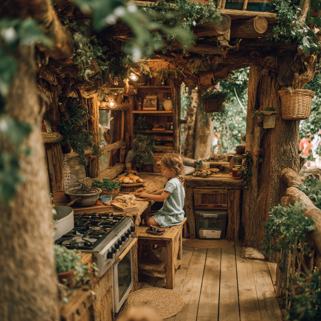 Rustic treehouse kitchen with wooden shelves, a stove, and a child seated on a stool