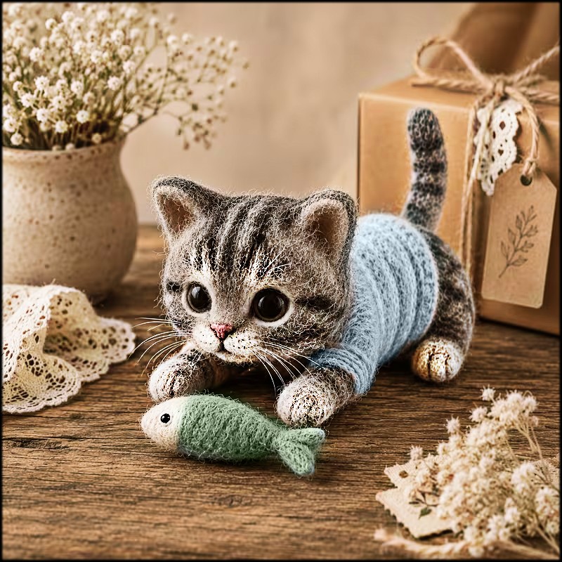 Needle-felted kitten in a blue sweater playing with a green fish on a wooden table