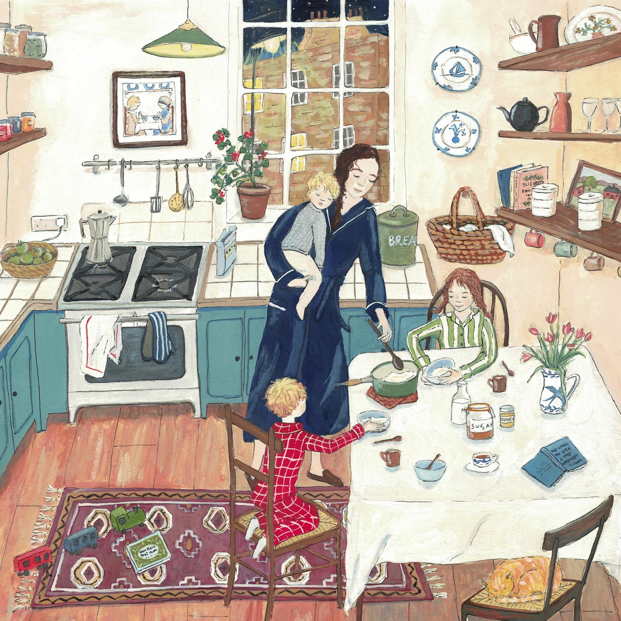 Illustration of a woman and child in a cozy kitchen with a table, shelves, and cooking items