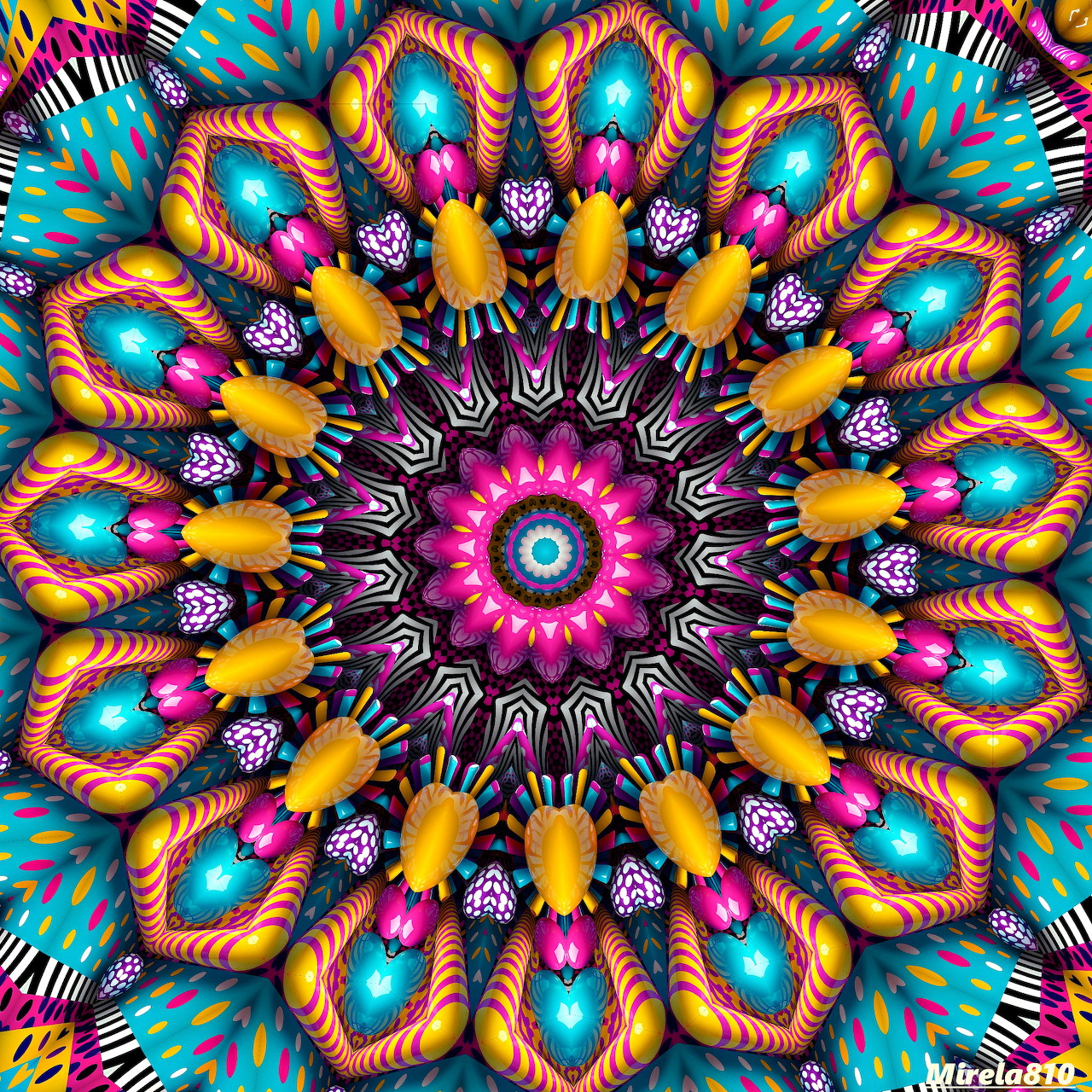Colorful symmetrical mandala with peacock feather-like petals radiating from pink center
