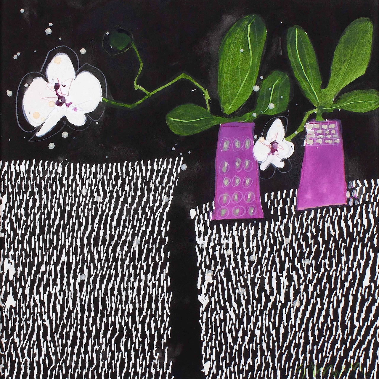 White orchids in purple vases on black and white woven mat